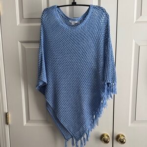 Light Blue Open-Knit Fringe Poncho- Women